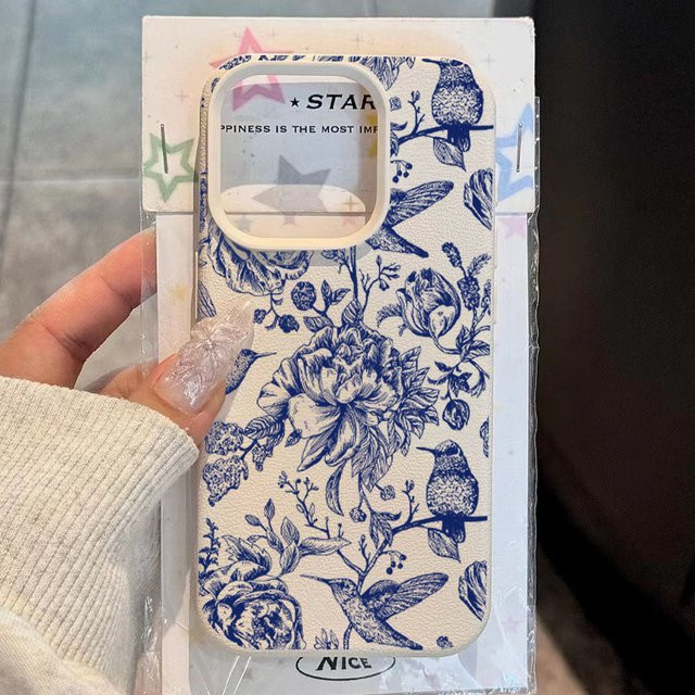 Blaue Handyhülle mit Retro-Blumen- und Vogelmuster für Apple iPhone 11 bis iPhone 17 Pro Max Soft Cover - Bild 1