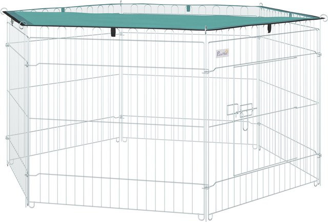 PawHut Modulares Auslaufgehege aus Stahl mit 6 Paneelen und 1 Tür für Hunde, Kaninchen und Nager, Grau und Grün, Durchmesser: 120 cm, Höhe: 60 cm, Aosom - Bild 1