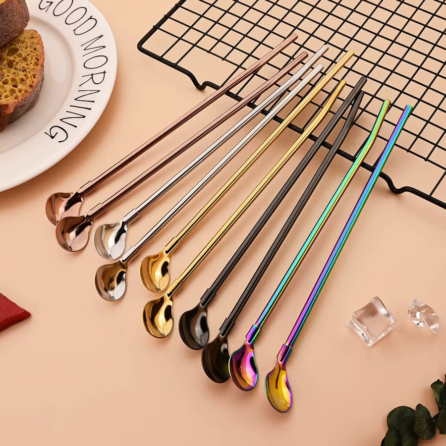 7-teiliges Edelstahl-Strohhalm-Set von uniturcky mit Löffel-Funktion in Silber und Multicolour für Milchshakes, Cocktails, Kaffee und Säfte - Bild 1