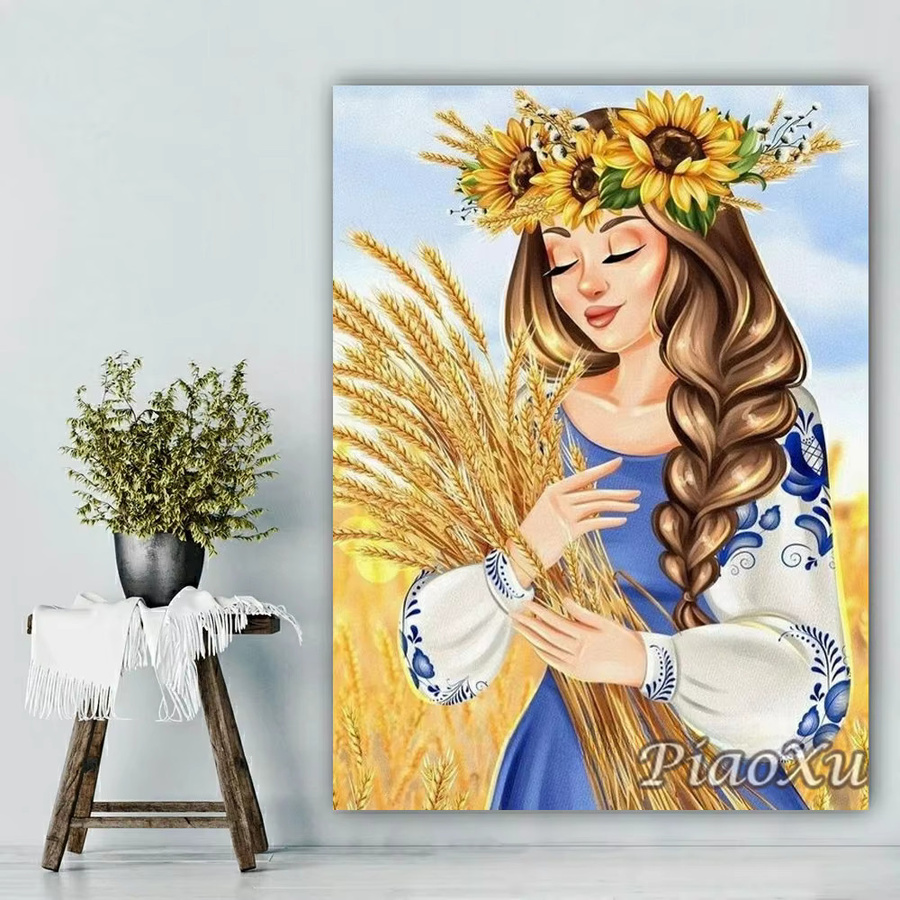 YUTTEE Diamantmalerei Set Ukrainische Flagge mit Mädchen, Weizen und Sonnenblumen, Mosaik Bild mit runden Steinen, Farben: Blau, Gelb und Multicolor - Bild 3