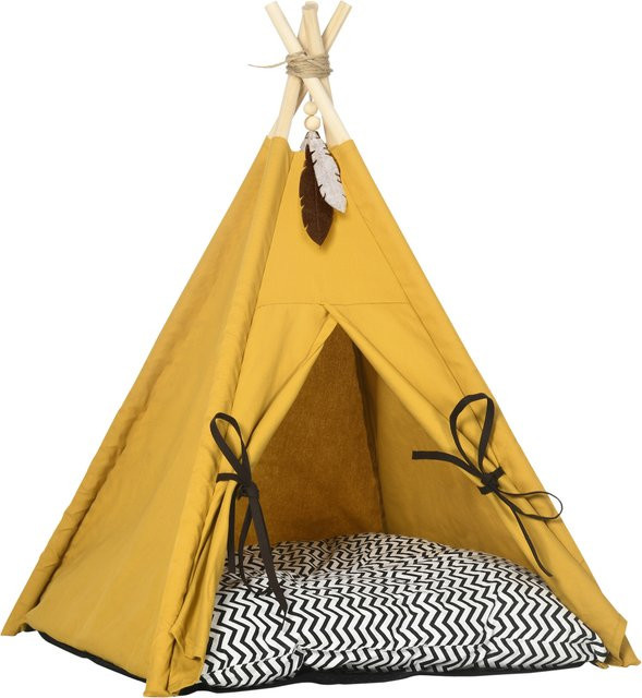PawHut Tipi-Zelt für Katzen und Hunde aus Kiefernholz mit Kissen und Spielball in Gelb - Bild 1