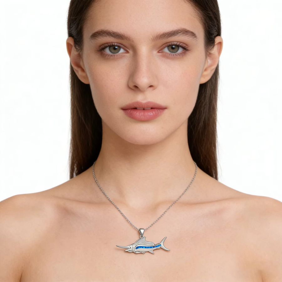 Halskette mit Segelfisch-Anhänger, Silber, Opal, Unisex - Bild 3