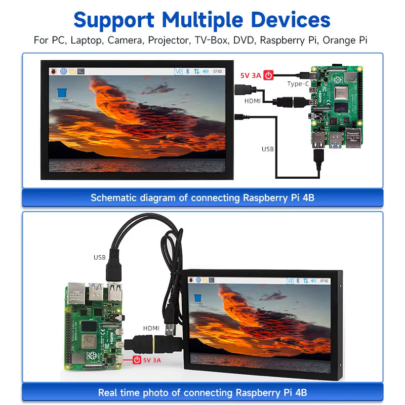 Caturda 7 Zoll IPS Tragbares Display in Schwarz mit 1024x600 Auflösung, HDMI und USB-C Anschluss für PC, Laptop und Kamera - Bild 4