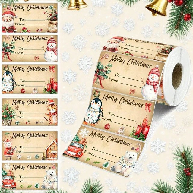 180 Stück selbstklebende Weihnachtsgeschenkanhänger im Vintage-Stil mit Pinguin, Weihnachtsmann und Schneemann in Rot und Multicolour - Bild 1
