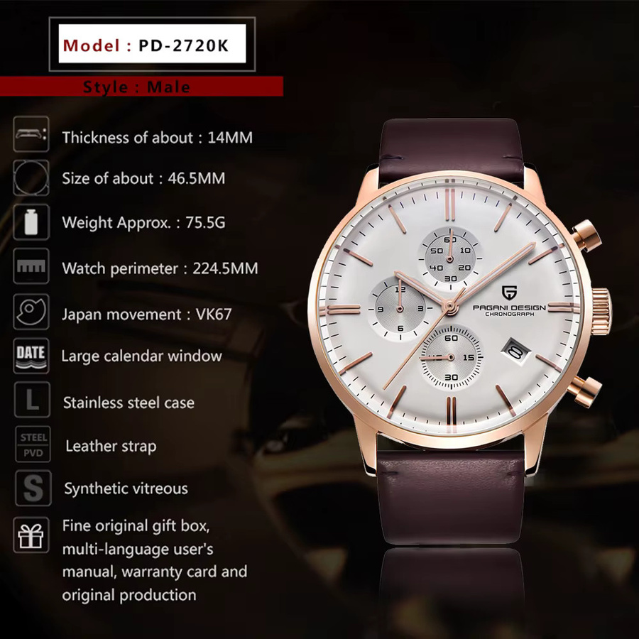 PAGANI DESIGN Armbanduhr, Quarz, Edelstahl, Leder, Herren, Bicolor - Bild 6
