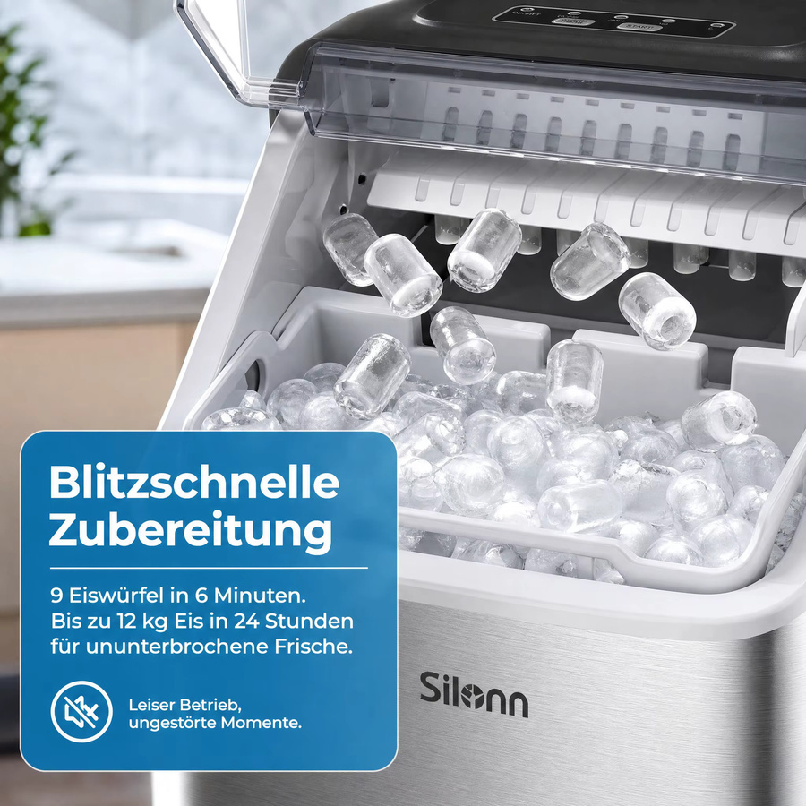 Silonn Eiswürfelmaschine in Silber mit Tragegriff, kompakt und selbstreinigend, 2 Eisgrößen, ideal für Küche, Büro und Partys - Bild 4