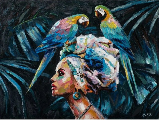 Art Universe Leinwandbild Schönheit mit blauen Papageien, modernes Wandbild in Multicolor, Breite: 90 cm, Höhe: 120 cm - Bild 1