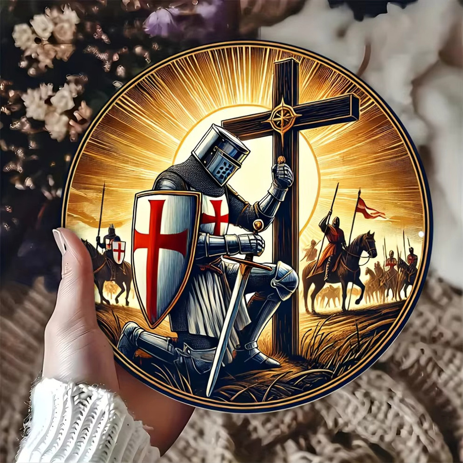 HELLOYOUNG Metallschild Vintage Templar Knight Prayer Wandekoration Rund, Mehrfarbig, Durchmesser: 20 cm - Bild 4