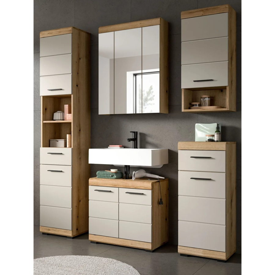 Inn.Furn Badmöbel Set Shawn 5-teilig in Sand und Eiche mit Waschbeckenunterschrank, Spiegelschrank, Unter-, Hänge- und Hochschrank, Breite: 164 cm - Bild 2