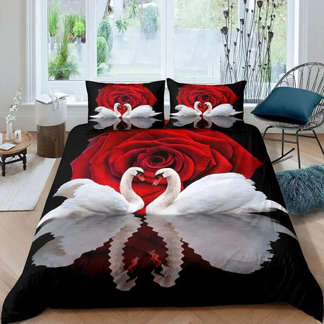 Lodestar Bettbezug mit Schwan- und Blumenmuster in Schwarz und Weiß, Mikrofaser, B/H: 135 x 200 cm - Bild 1