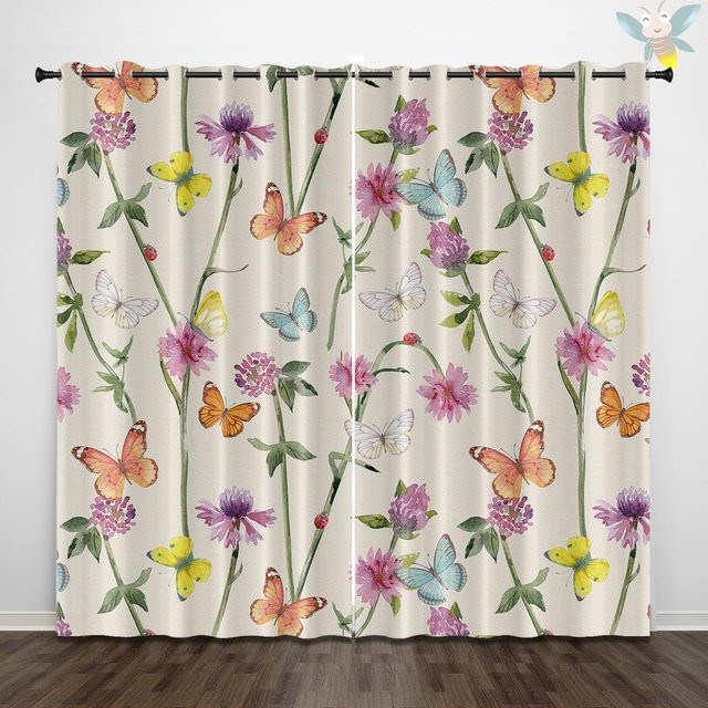 2er-Set dekorative Vorhänge mit Retro-Blumen- und Schmetterlingsmuster in Gelb und Grau, halbtransparent, B: 140 cm, H: 160 cm - Bild 1