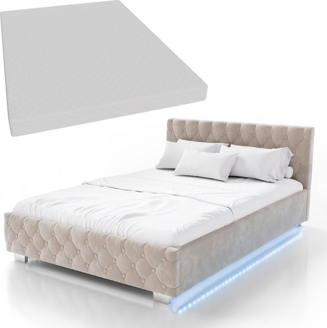 Juskys Polsterbett Nizza in Beige mit Samtbezug, Steppung, Stauraum und indirekter LED-Beleuchtung B/T/H: 140 x 200 cm - Bild 1