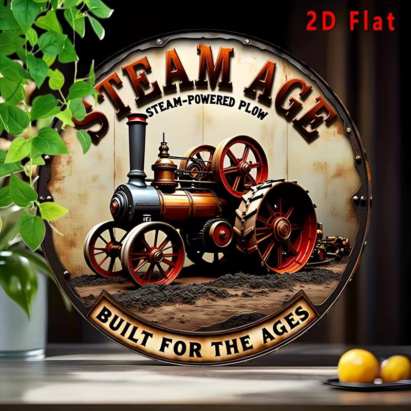 Potdemiel Vintage Steam Age Traktor Metallschild rund, rustikale Wandkunst aus Aluminium, Durchmesser: 19,81 cm, Mehrfarbig - Bild 2