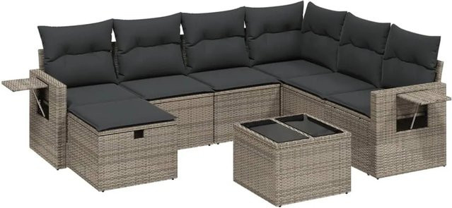 vidaXL 8-teilige Garten-Sofagarnitur in L-Form aus Poly Rattan und Metall in Grau mit Kissen und Couchtisch - Bild 1
