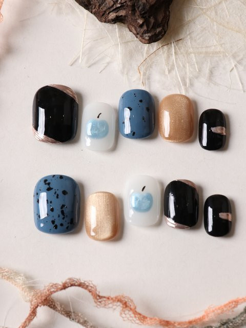 XEERCOOU Künstliche Nägel, Schwarz Blau Apfelweiß, Glänzend, 10 Stück - Bild 1
