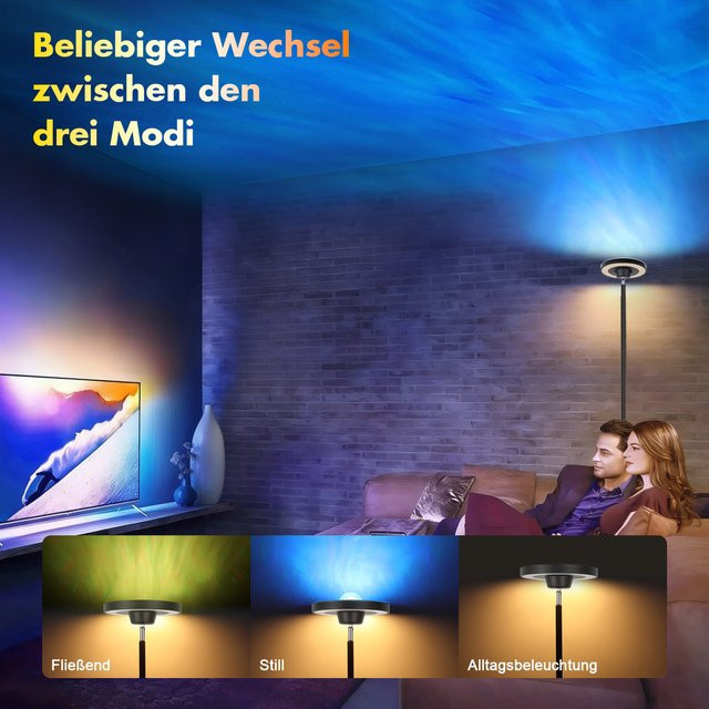 LEOEU LED-Stehleuchte in Schwarz mit RGB-Wasserwellen-Effekt und CCT-Uplighter-Leselampe für dein Wohnzimmer - Bild 1