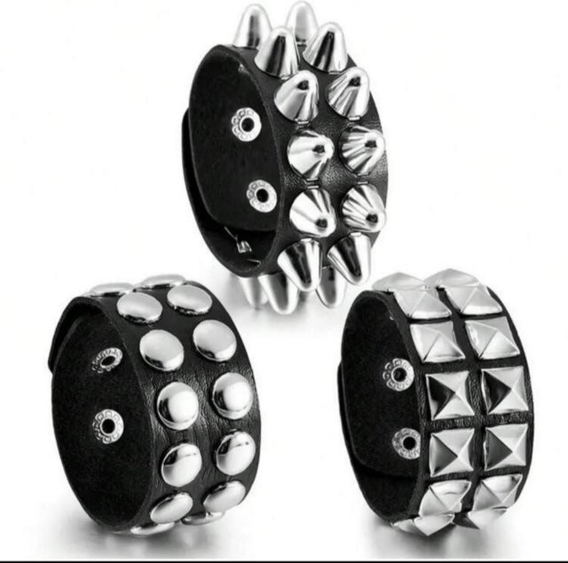 YIRAN Armbänder, 3 Stück Set, Leder, Nieten, Unisex, grau - Bild 1