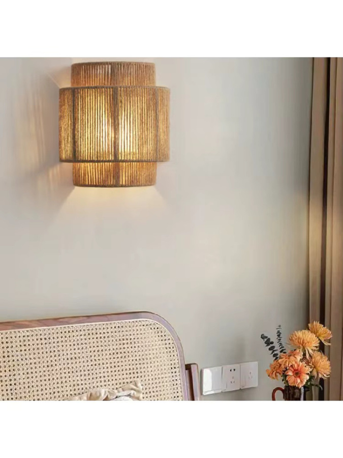 JOYINLED Vintage Wandlampe aus handgewebtem Hanfseil und Rattan in Braun für Schlafzimmer, Esszimmer und Arbeitszimmer mit E27 Fassung - Bild 3
