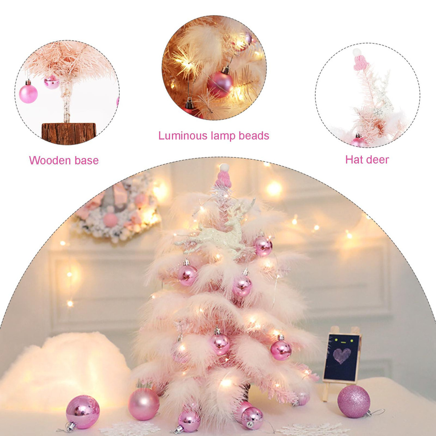KONNWEI Weihnachtsbaum DIY-Set mit hellen matten Kugeln, kleinem Hut und Lampe als Tischbaumdekoration in Rosa, Höhe: 60 cm - Bild 1