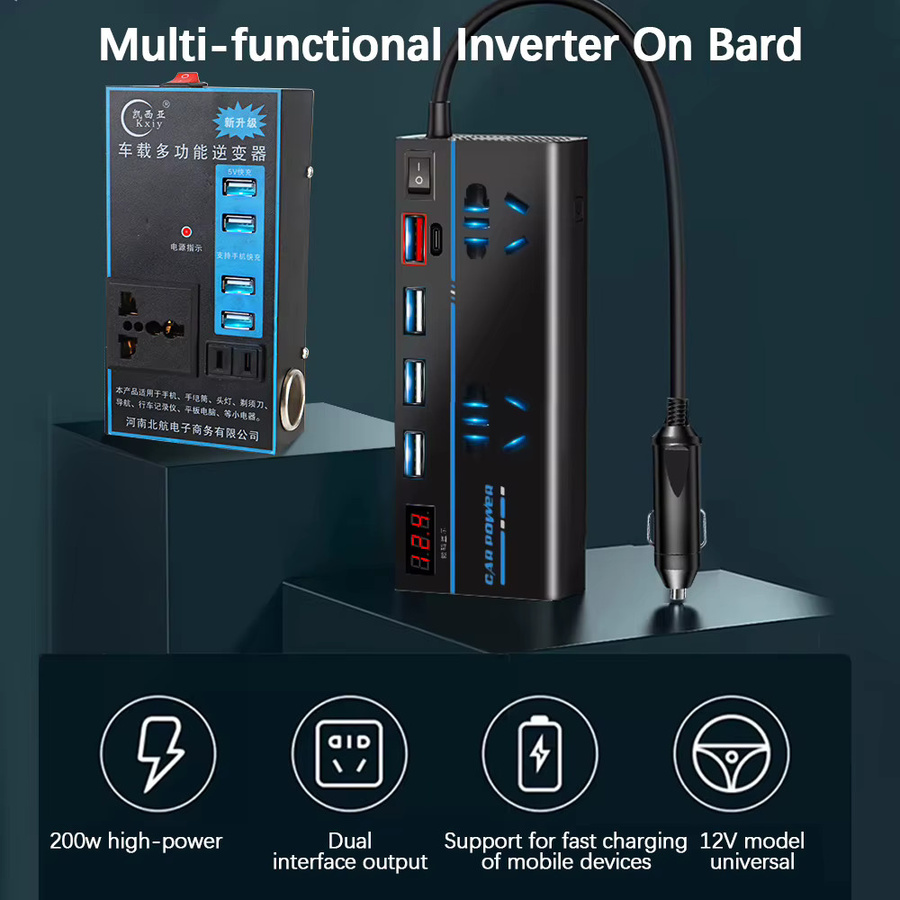 Auto-Wechselrichter DC 12 V/24 V zu AC 110 V/220 V Konverter mit 8 Ports, 200 W, USB PD Typ-C Ladegeräte, Schwarz - Bild 2