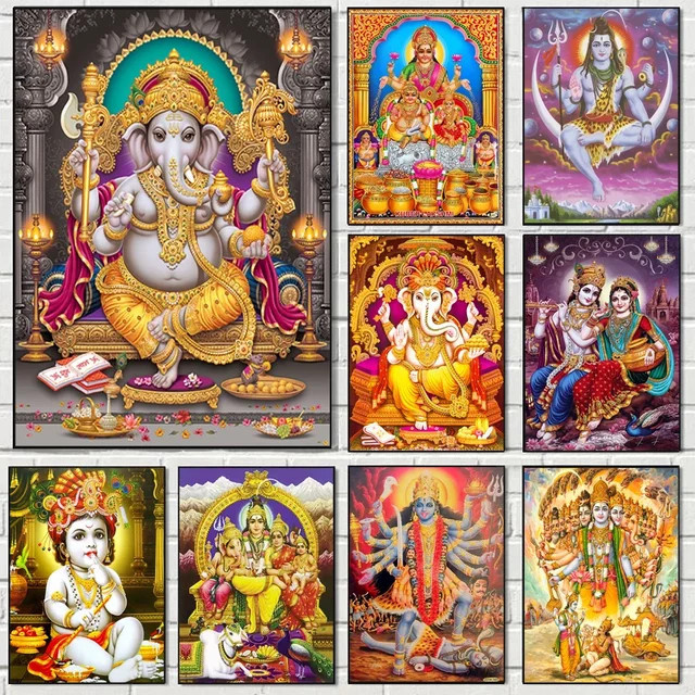 Potdemiel Hinduismus Ganesha und Durga Leinwandmalerei in Gold und Multicolour als religiöses Wandbild für dein Wohnzimmer - Bild 1