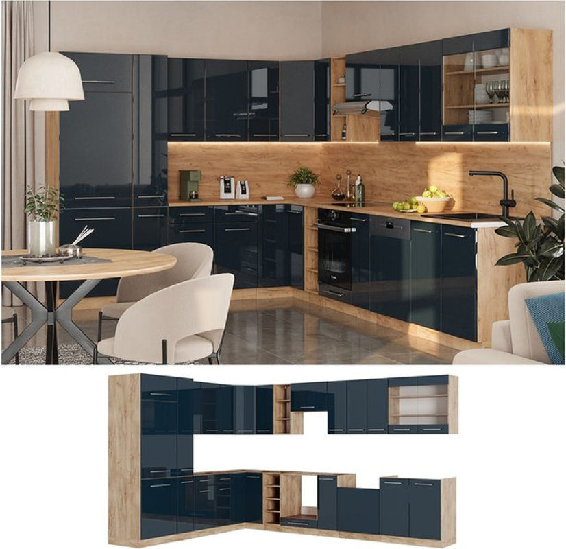 Vicco Eckküche Fame-Line Winkelküche in Eiche Dunkelblau Hochglanz mit Arbeitsplatte in Anthrazit, B: 257 cm, B: 347 cm - Bild 1