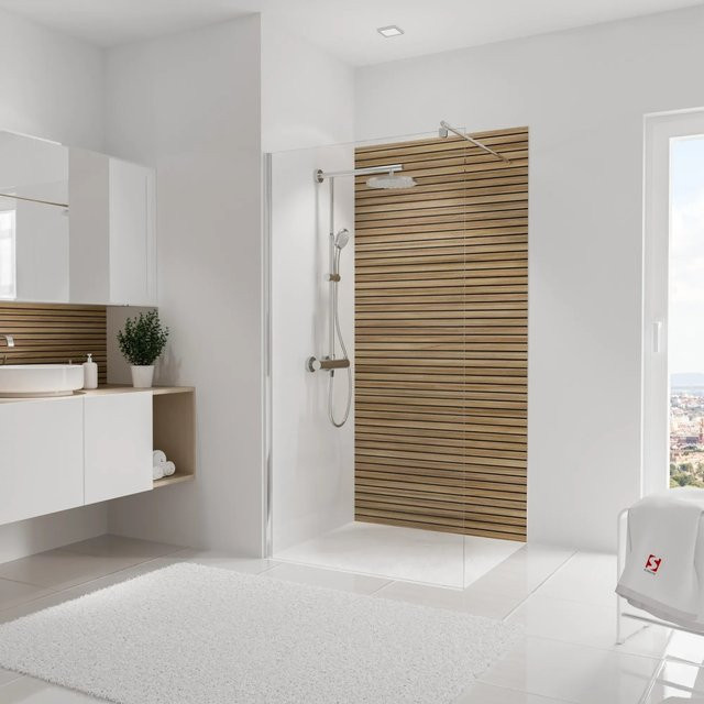 Schulte Duschrückwand DecoDesign Japandi Horizontal in Lärche Holzoptik, B: 210 cm, H: 100 cm, Braun und Grün - Bild 1