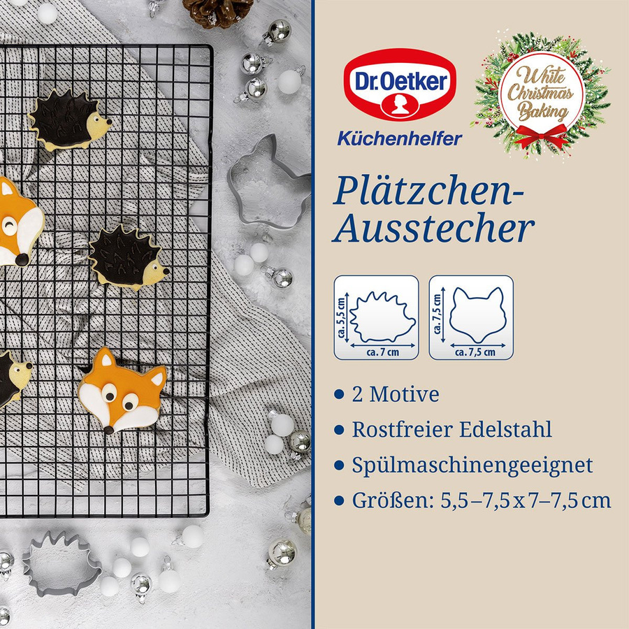 Dr. Oetker Ausstecher Igel und Fuchs White Christmas, 2-teilig, Silber/Weiß, Spülmaschinenfest - Bild 2