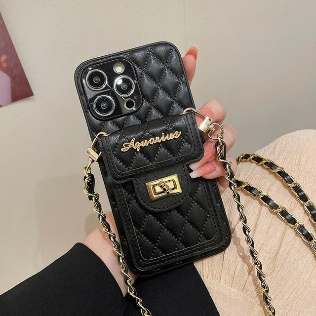 Luxuriöse iPhone Umhängetasche und stoßfeste Handyhülle mit Diamantdesign für Apple iPhone 14 Pro Max, 13, 12 und 11 in Schwarz - Bild 1
