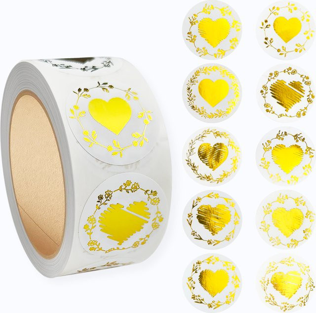 500 Stück goldene Herz-Aufkleber aus Folie als runde Siegel für Geschenkverpackungen und Umschläge - Bild 1