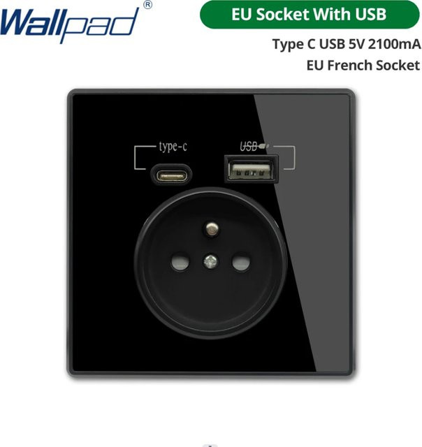 Wallpad Wandsteckdose mit doppelten USB-C-Anschlüssen, schwarze Acrylglasplatte, 16-A-Steckdose nach EU-Standard - Bild 1