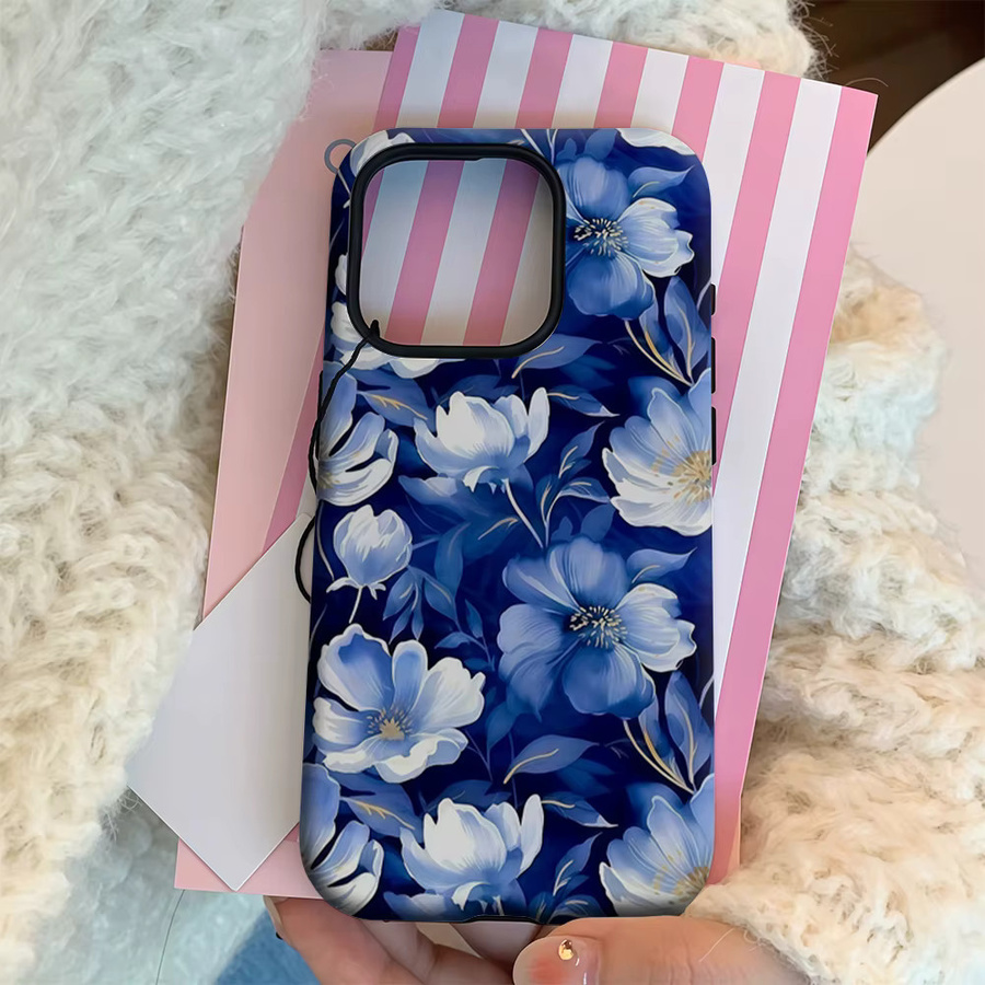 Marineblaue iPhone Hülle mit floralem Design für iPhone 17 16 15 14 13 12 Pro Max Plus mit doppelschichtiger Rückseite - Bild 4