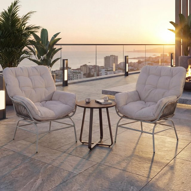 2er-Set MCW Gartenstühle MCW-P75 Loungesessel aus Poly-Rattan und Metall in Hellgrau mit beigen Polstern - Bild 1