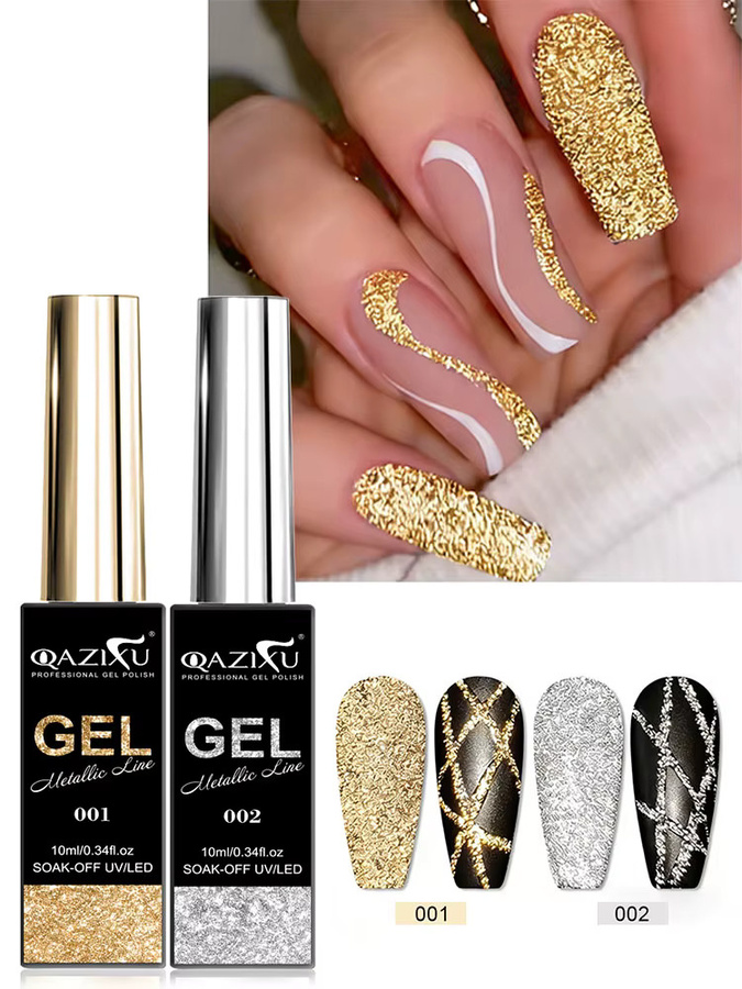 QAZIXU Glitzer-Liner-Gel Nagellack-Set, Gold Silber, Schimmernd - Bild 3