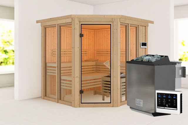 Karibu Sauna AIRI mit 9.0 kW BioOfen, externer Steuerung und Dachkranz, B/T/H: 196 x 196 cm - Bild 1