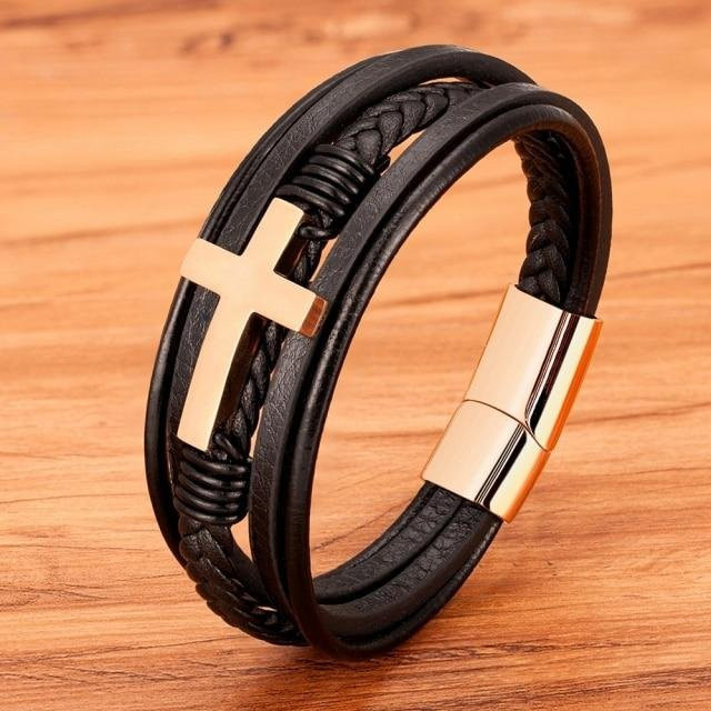 YIRAN Jewelry Armband, Edelstahl, Leder, Roségold, Herren, 19 cm - Bild 1