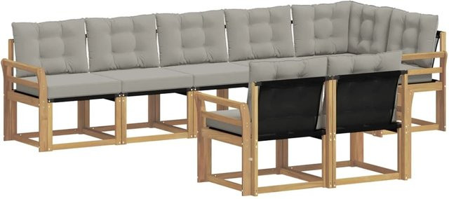 vidaXL Outdoor-Sofagarnitur 8-tlg. aus massivem Akazienholz mit Textilene und Kissen in Weiß-Hellgrau - Bild 1