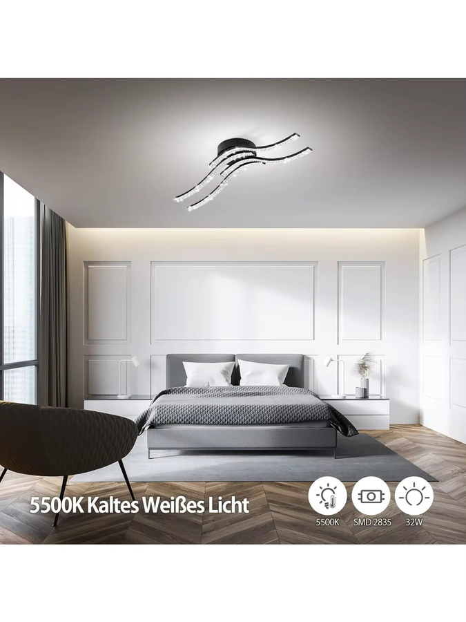 JOYINLED Wellenförmige LED-Deckenleuchte aus Acryl in Schwarz und Weiß, 32 W, 5500 K Kaltweiß, modernes Design für Wohnzimmer, Schlafzimmer und Küche - Bild 7