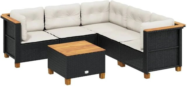 vidaXL 6-tlg Garten-Sofagarnitur aus Poly-Rattan und Akazienholz in Schwarz mit cremeweißen Kissen - Bild 1