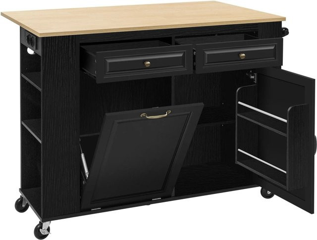 okwish Kücheninsel mit Rollen und Ausziehtisch in Schwarz, inklusive Abfallbehälterfach und Handtuchhalter, B: 120 cm, T: 40 cm, H: 70-92 cm - Bild 1