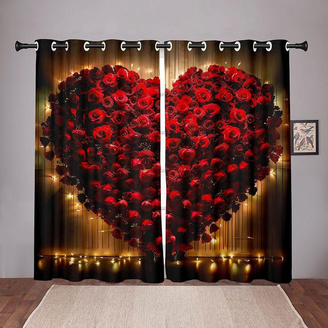 2-teiliges Rosen Liebesherz Vorhang für Valentinstag in Rot und Gold, florale Fensterdekoration für Wohnzimmer und Schlafzimmer, B: 50 cm, H: 130 cm - Bild 1