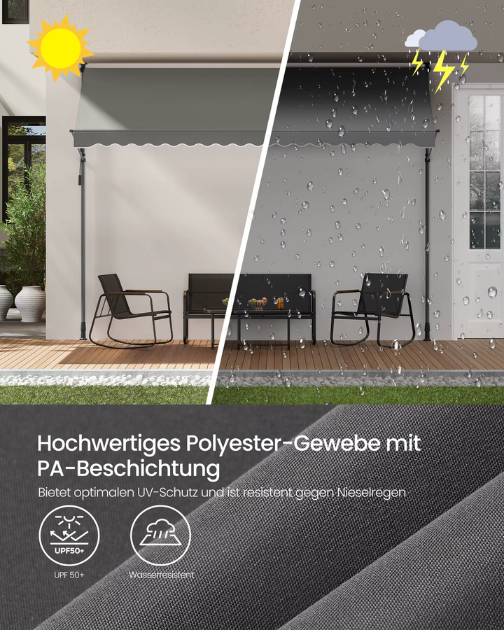 SONGMICS Klemmmarkise als Balkonmarkise in Grau mit Handkurbel und höhenverstellbarem Sonnenschutz, B: 350 cm, H: 120 cm - Bild 2