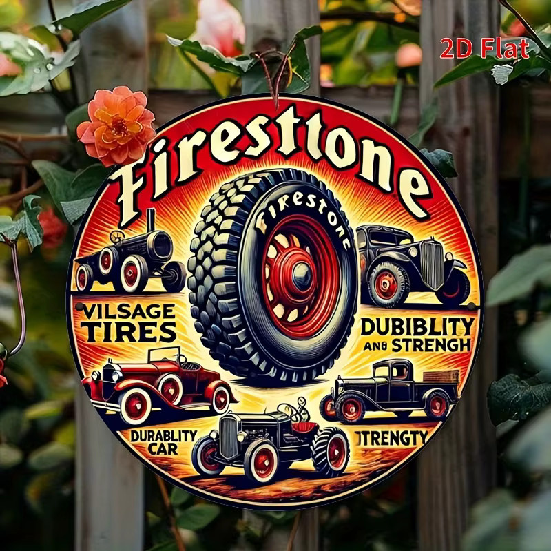 Vintage Firestone Reifen Metall Wandkunst Schild von Potdemiel, Retro Aluminium Deko mit klassischem Auto- und LKW-Design, B/H: 20,3 x 20,3 cm - Bild 6
