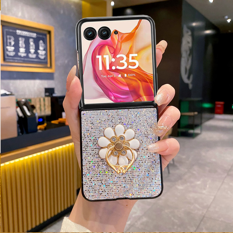 Glitzernde Sternenlicht Handyhülle mit Blumenmuster und Ringschnalle für Motorola Razr 50, Razr 40 und Razr 60 Ultra in Schwarz oder Silber - Bild 2
