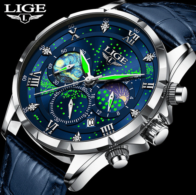 LIGE Armbanduhr Quarz, Mondphase, Leder, Blau, Herren - Bild 1