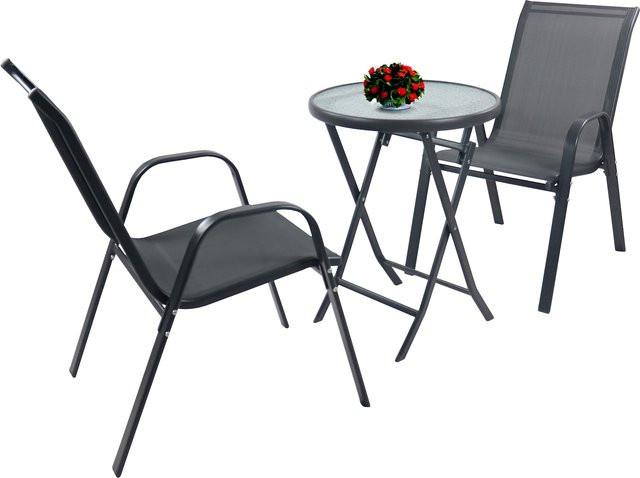 Sonlas 3-tlg Gartenmöbel Set Sitzgruppe in Anthrazit mit quadratischem Glastisch und 2 Stühlen, Tisch Maße H: 89 cm, B: 55 cm, T: 55 cm - Bild 1