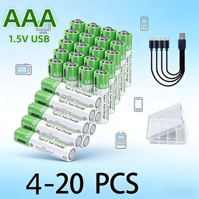 SMARTOOOLS AAA Lithium-Ionen Akku Set 1,5 V mit 3000 mAh, USB-C Ladung, Farbe Grün inklusive Aufbewahrungsbox und Datenkabel - Bild 1