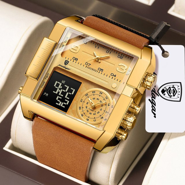 POEDAGAR Digitaluhr, Quarz, Schwarz, Gold, Leder, Herren - Bild 1