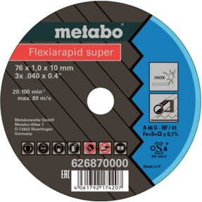 Metabo Flexiarapid Super Trennscheibe für Inox, Durchmesser: 76 mm, Dicke: 1,0 mm, Breite: 10,0 mm, TF 41 - Bild 1