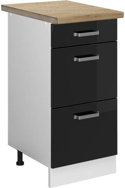 Vicco Küchenunterschrank R-Line in Schwarz Hochglanz und Weiß mit Schubladen, Eiche Optik, Breite: 40 cm, Höhe: 60 cm, Tiefe: 40 cm - Bild 1